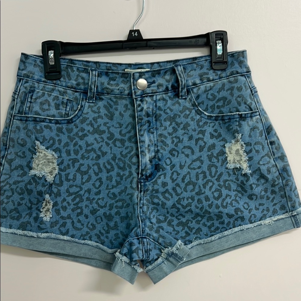 Easel Blue and Gray Jean Shorts Distressed High-Waisted